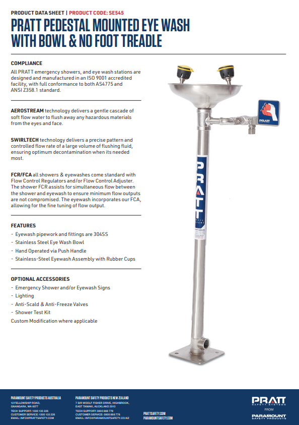 Pratt Fixed Pedestal Mounted Eye Wash Stations - Foot Treadle, Eye Face Wash and Bowl Options