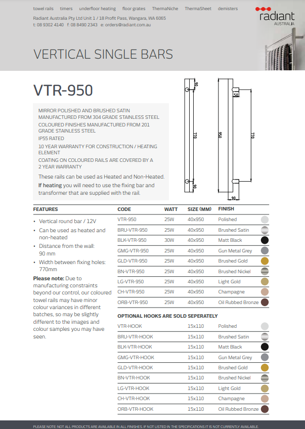 Radiant Single Vertical ROUND Bar Heated Towel Rail 950mm Tall - Various Colour Finishes