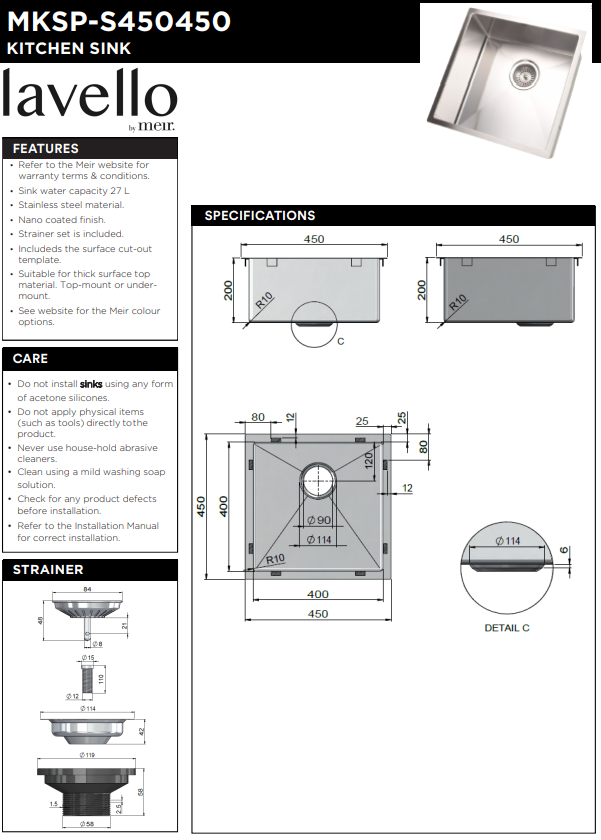 Meir Lavello Kitchen Sink - Single Bowl 450 x 450mm - 3 Colour Finishes