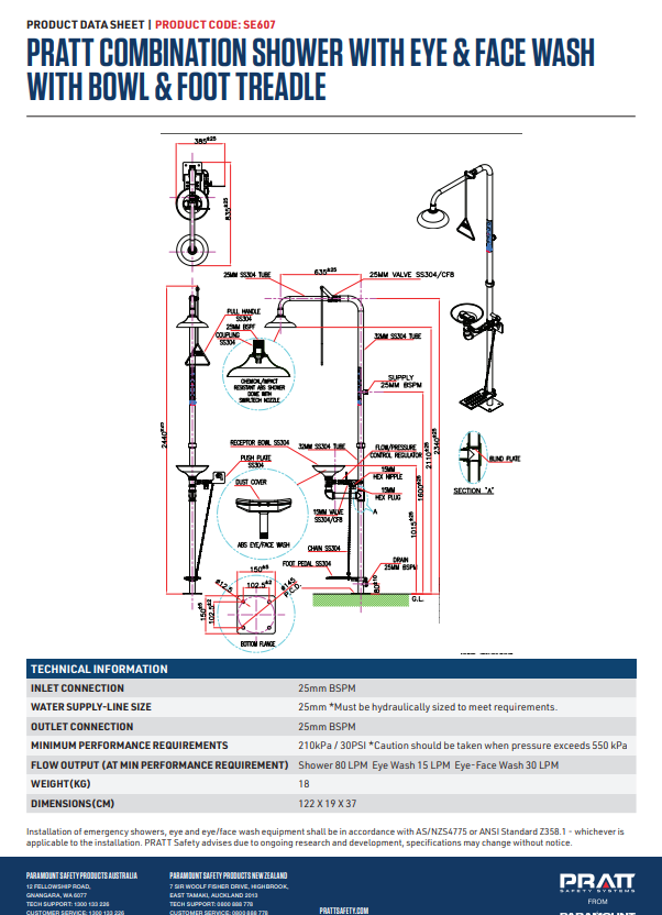 Pratt Emergency Showers & Eyewash Combinations Units - Foot Treadle, Face Wash and Bowl Options