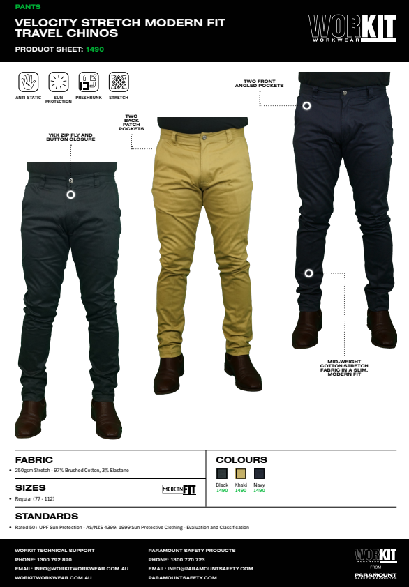 Velocity Stretch Modern Fit Travel Chinos - 3 Colour Options in Various Sizes
