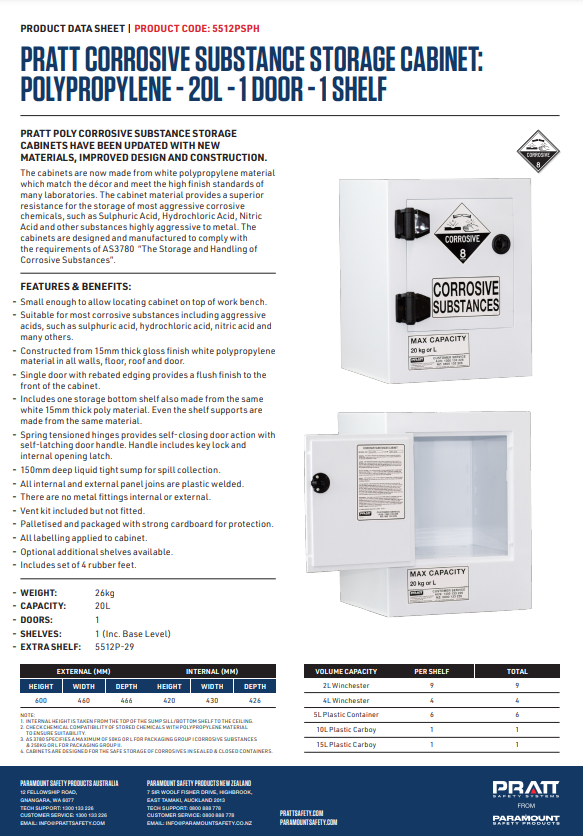 Pratt Class 8 Corrosive Substance Storage Cabinet Polypropylene - Various Door Shelf Combinations