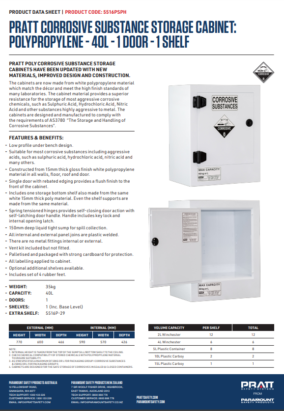 Pratt Class 8 Corrosive Substance Storage Cabinet Polypropylene - Various Door Shelf Combinations