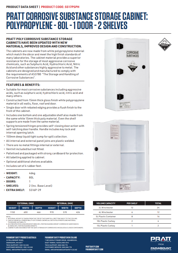 Pratt Class 8 Corrosive Substance Storage Cabinet Polypropylene - Various Door Shelf Combinations