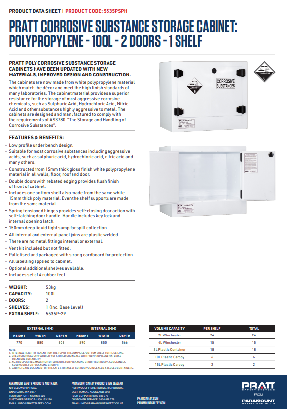 Pratt Class 8 Corrosive Substance Storage Cabinet Polypropylene - Various Door Shelf Combinations