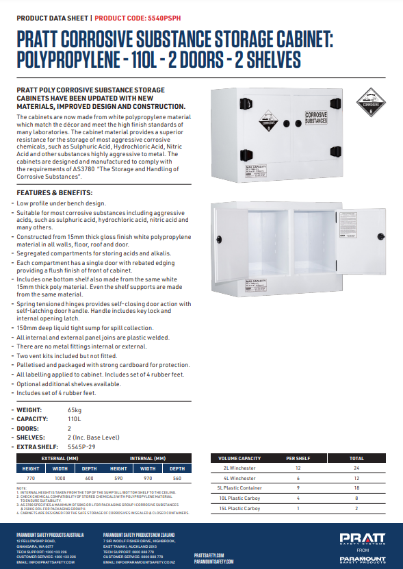 Pratt Class 8 Corrosive Substance Storage Cabinet Polypropylene - Various Door Shelf Combinations