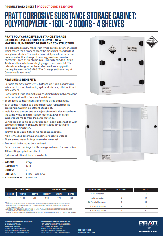 Pratt Class 8 Corrosive Substance Storage Cabinet Polypropylene - Various Door Shelf Combinations