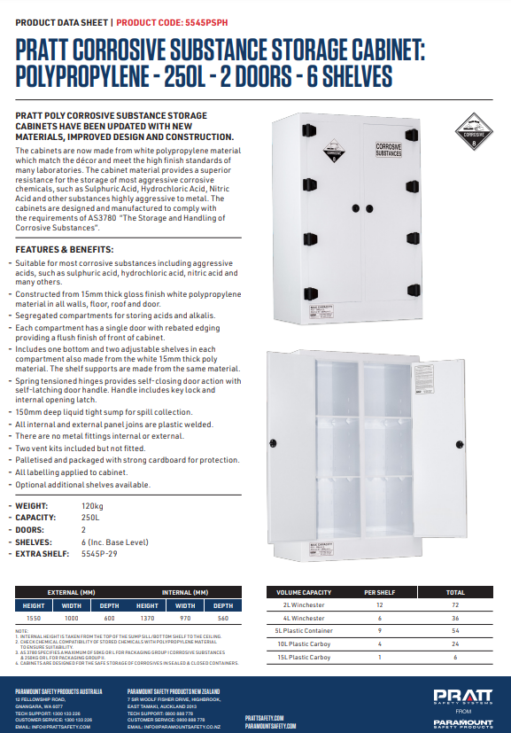 Pratt Class 8 Corrosive Substance Storage Cabinet Polypropylene - Various Door Shelf Combinations