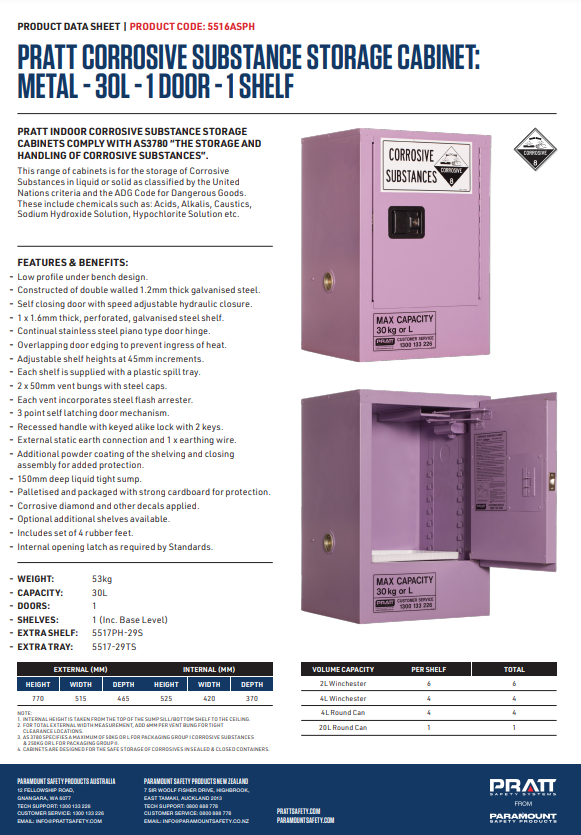 Pratt Class 8 Corrosive Substance Storage Cabinets Metal - Various Door Shelf Combinations