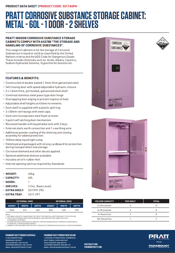 Pratt Class 8 Corrosive Substance Storage Cabinets Metal - Various Door Shelf Combinations