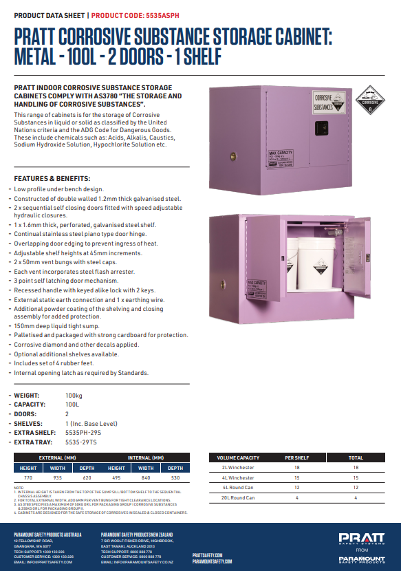 Pratt Class 8 Corrosive Substance Storage Cabinets Metal - Various Door Shelf Combinations