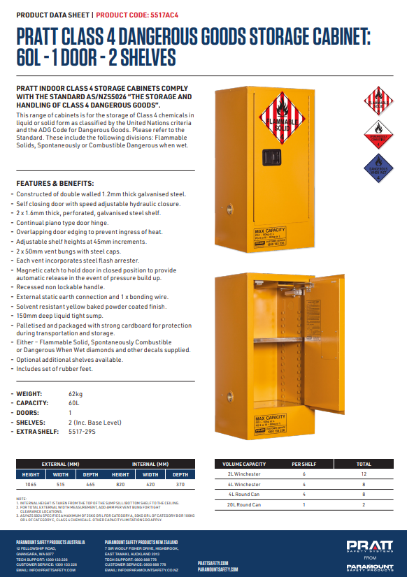 Pratt Class 4 Dangerous Goods Storage Cabinet - Various Door Shelf Combinations