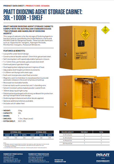Pratt Class 5 Oxidizing Agent Storage Cabinet - 1 or 2 Shelf Options