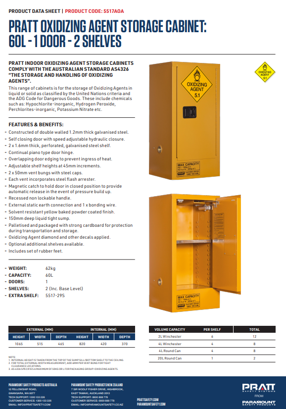 Pratt Class 5 Oxidizing Agent Storage Cabinet - 1 or 2 Shelf Options