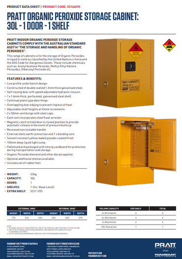 Pratt Class 5.2 Organic Peroxide Storage Cabinet with 1 Door and Adjustable Shelves