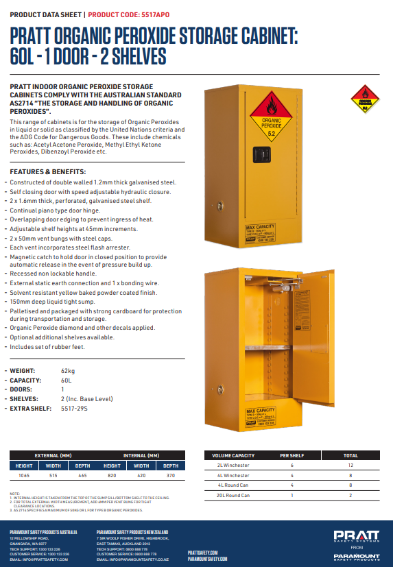 Pratt Class 5.2 Organic Peroxide Storage Cabinet with 1 Door and Adjustable Shelves