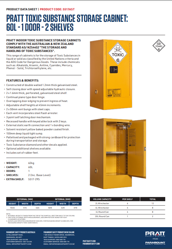 Pratt Class 6 Toxic Substance Storage Cabinet - Various Door Shelf Combinations