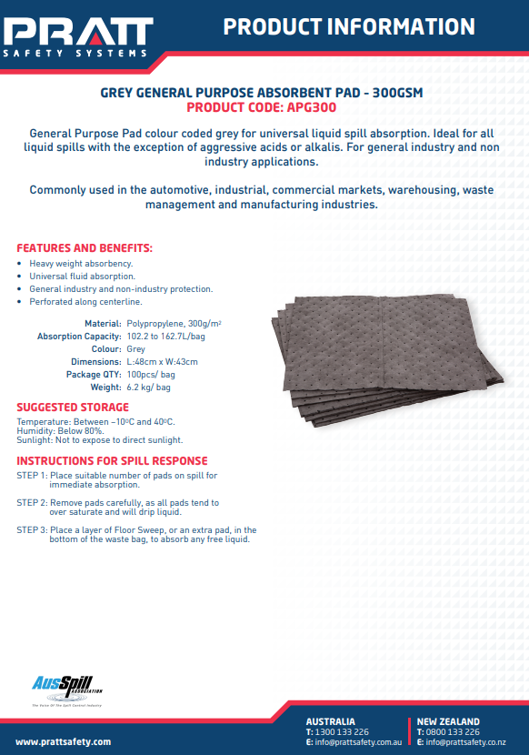 Pratt General Purpose, Oil & Fuel and Hazchem Absorbent Pad - Pack of 10