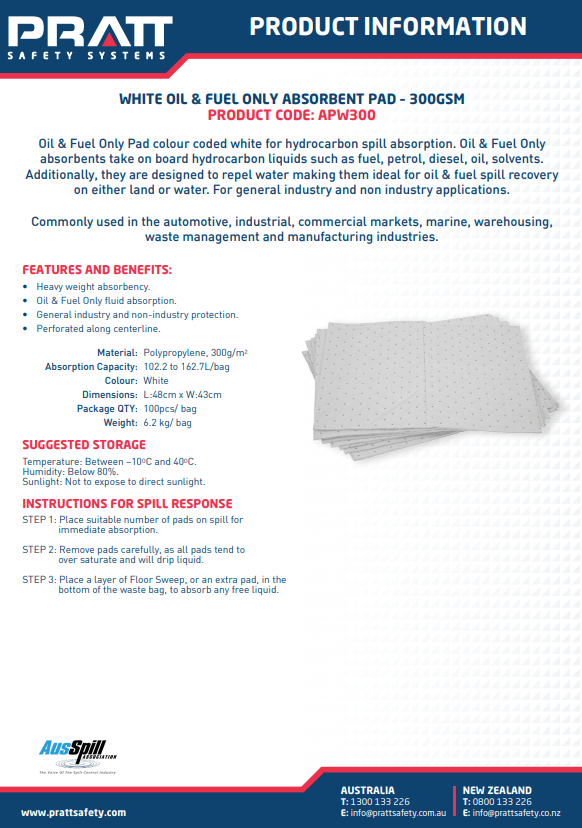 Pratt General Purpose, Oil & Fuel and Hazchem Absorbent Pad - Pack of 10