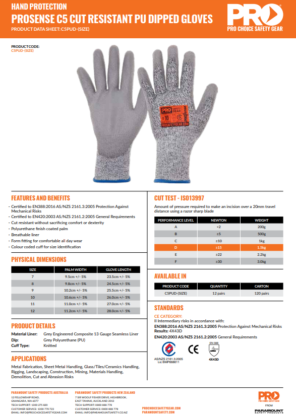 Pro Choice Prosense C5 Cut 5 with PU Palm Gloves - 12 Pairs in 6 Size Options