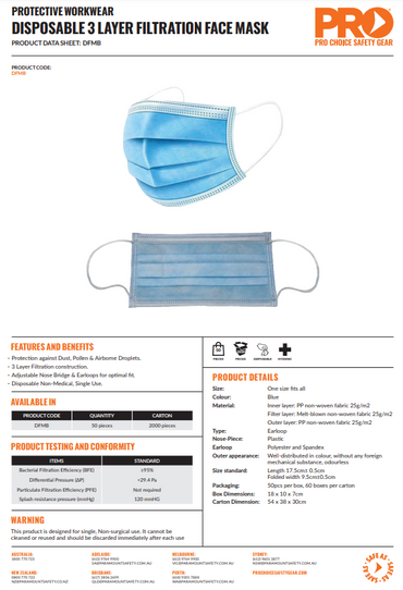 Pro Choice Disposable Face Mask Blue 3 Ply - Box of 50