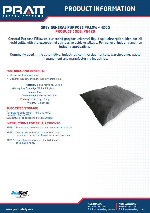 Pratt General Purpose, Oil & Fuel and Hazchem Spill Pillow