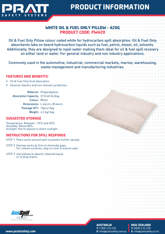 Pratt General Purpose, Oil & Fuel and Hazchem Spill Pillow