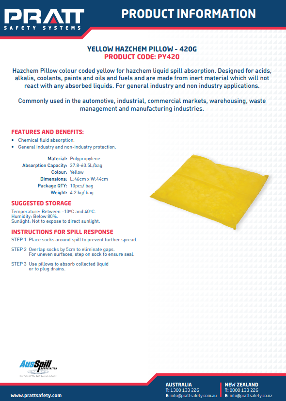 Pratt General Purpose, Oil & Fuel and Hazchem Spill Pillow
