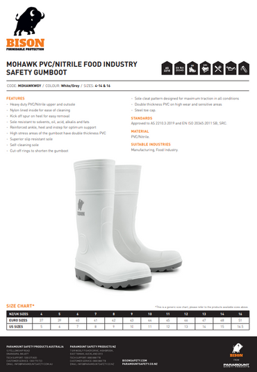Mohawk PVC/Nitrile Food Industry Gum Boot White/Grey - Various Size Options