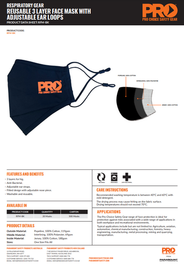 Pro Choice Reusable 3 Layer Face Mask with adjustable ear loops - Box of 20