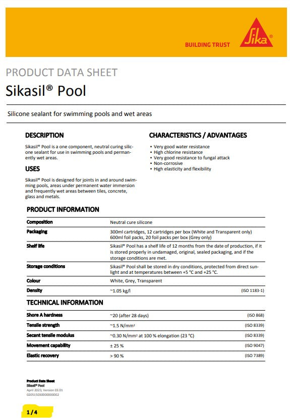 SikaSil Pool 300ml Cartridge or 600ml sausage