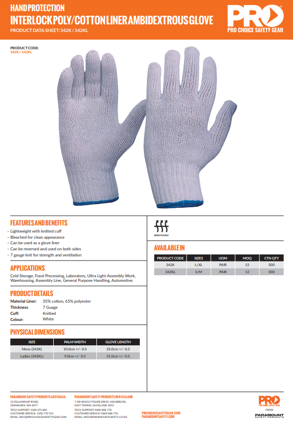 Pro Choice Knitted Poly/Cotton Gloves - 2 Size Options