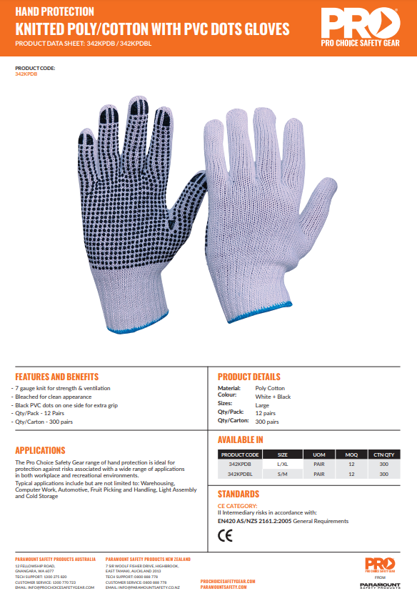 Pro Choice Knitted Poly/Cotton Gloves - 2 Size Options