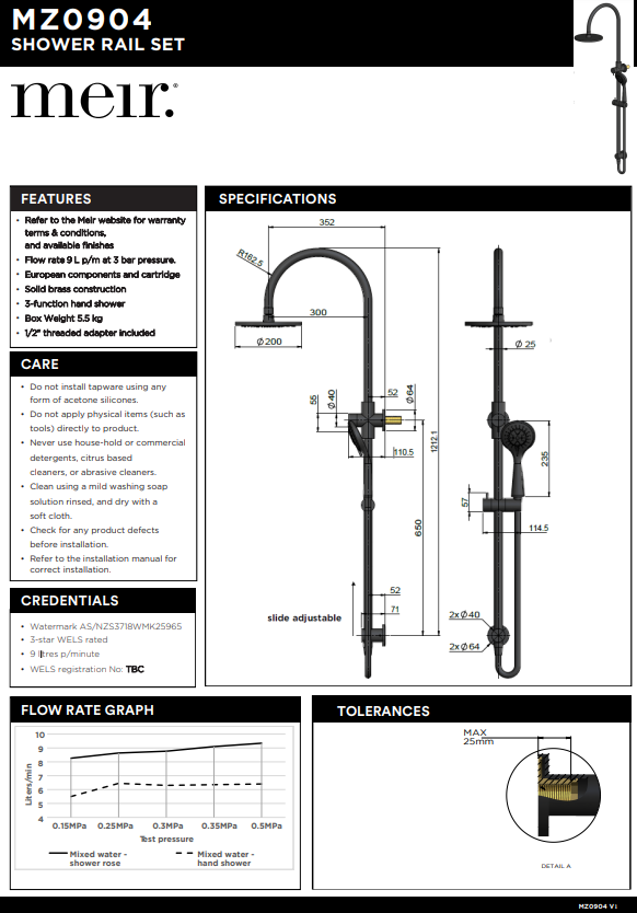 Meir Round GooseNeck Shower Set 200mm Rose + 3 Function Hand Shower