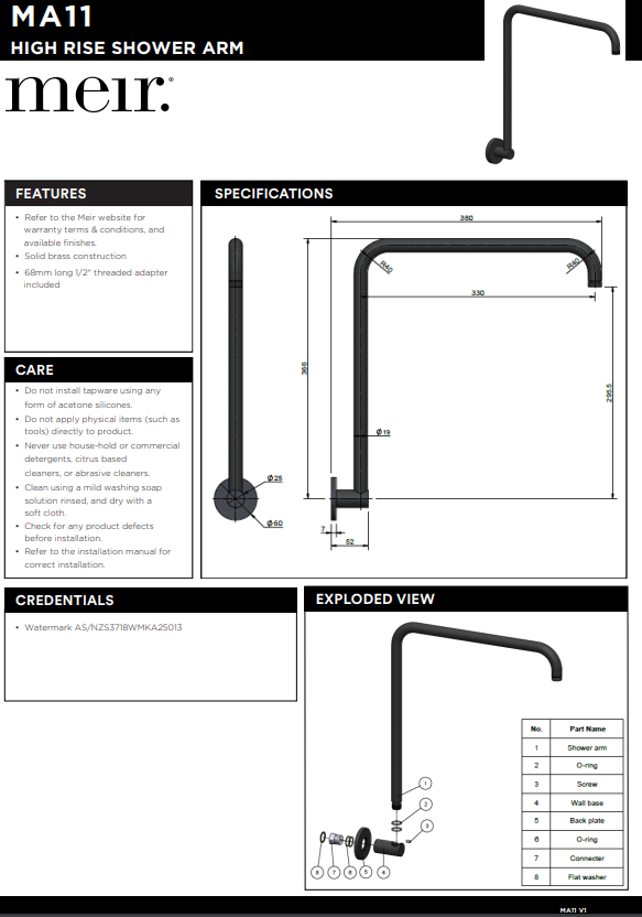 Meir High Rise Shower Arm - Various Colour Finishes