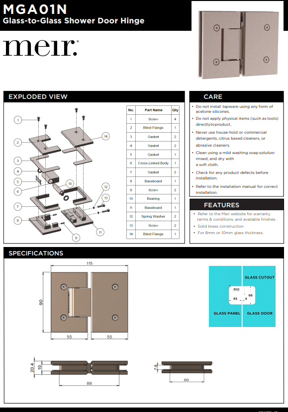 Meir Glass to Glass Shower Door Hinge - Various Colour Finishes