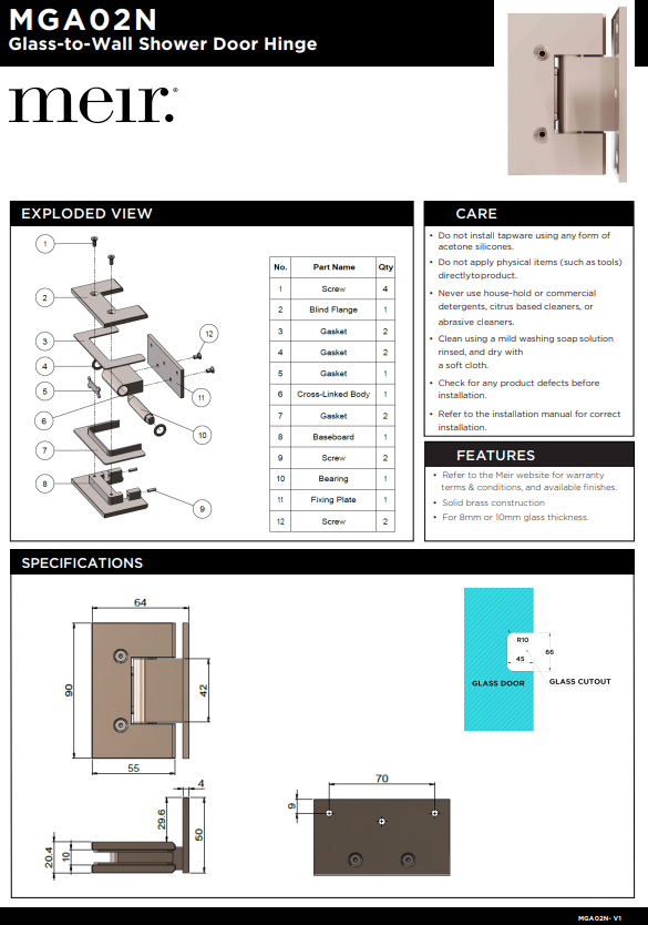Meir Glass to Wall Shower Door Hinge - Various Colour Finishes