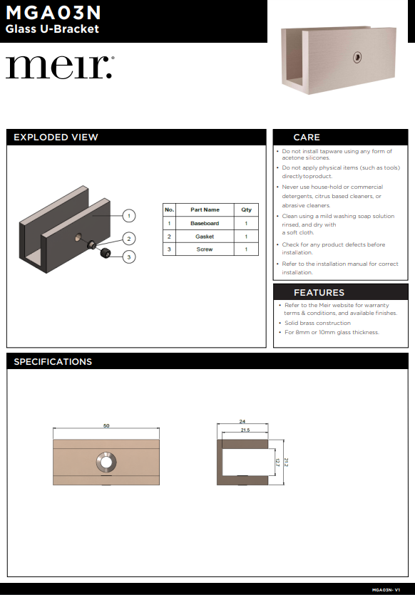 Meir Glass Fixing U Bracket - Various Colour Finishes
