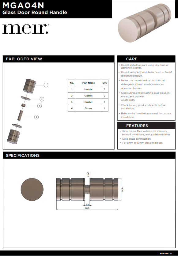 Meir Shower Door Round Handle - Various Colour Finishes