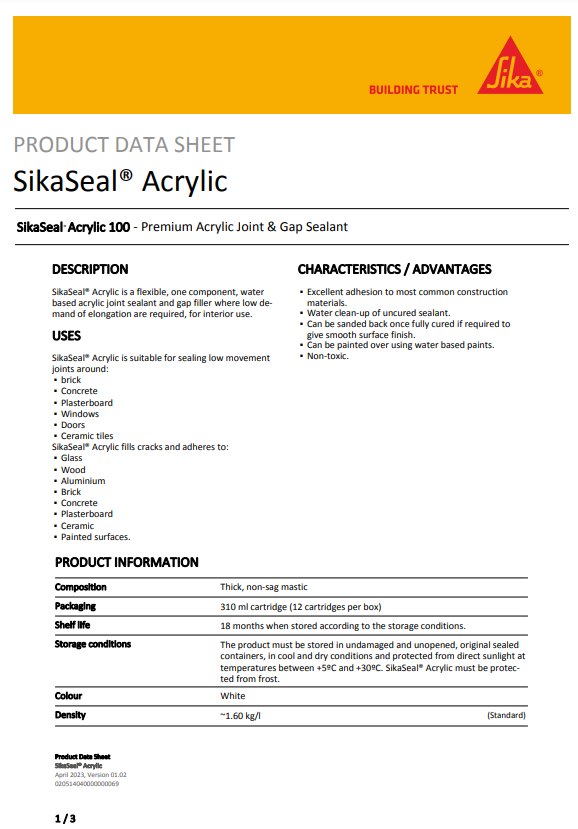SikaSeal Acrylic 100 White Premium Acrylic Joint Gap Sealant 300ml Cartridges - Box of 12