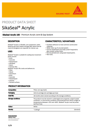 SikaSeal Acrylic 100 White Premium Acrylic Joint Gap Sealant 300ml Cartridges - Box of 12
