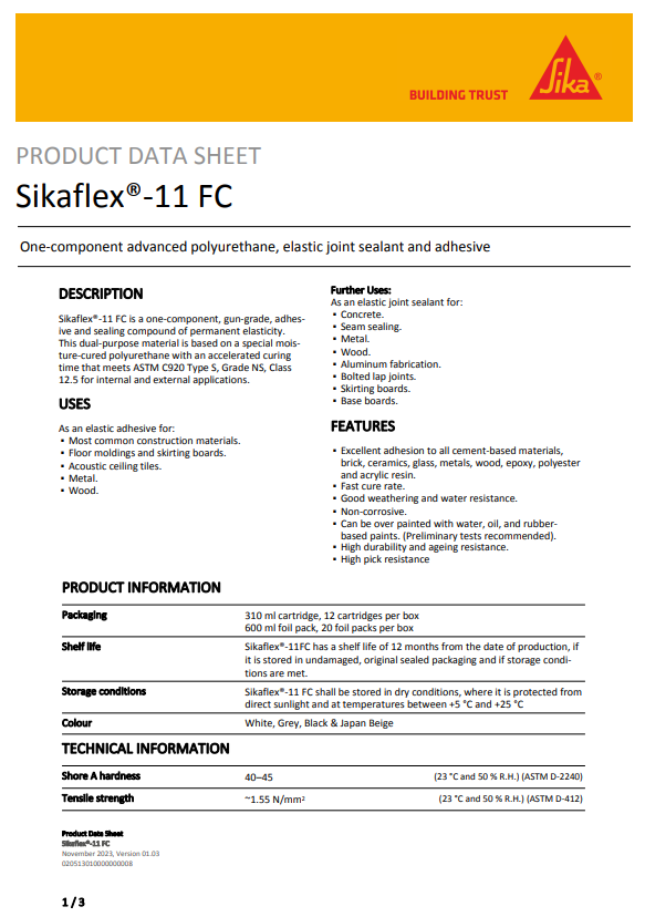 SikaFlex-11 FC Joint Sealant Adhesive 300ml Cartridge or 600ml Sausages
