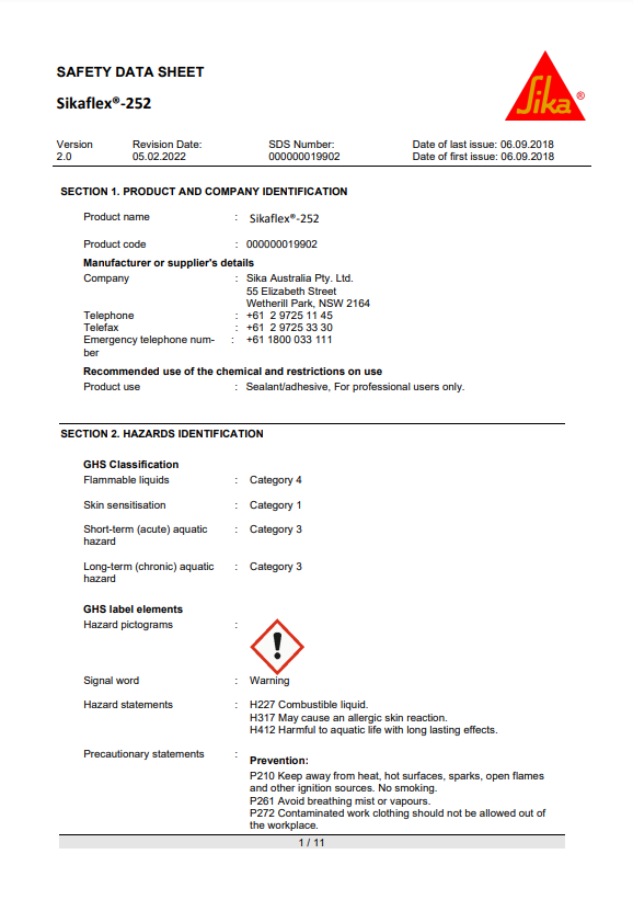 SikaFlex-252 Elastic Adhesive White or Black - 300ml Cartridges or 600ml Sausages