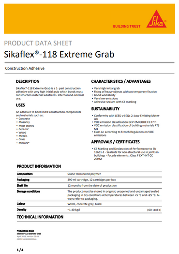 SikaFlex-118 Extreme Grab Construction Adhesive 290ml Cartridge - Box of 12