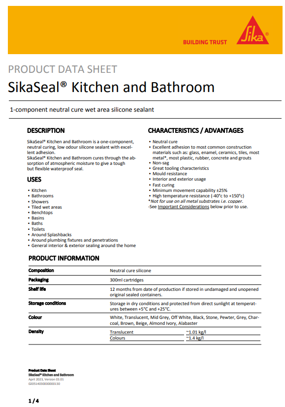 SikaSeal Kitchen & Bathroom 300ml Cartridge - Box of 6 or 12 in Various Colours