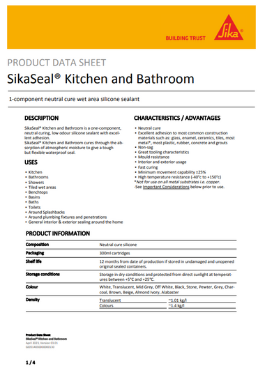 SikaSeal Kitchen & Bathroom 300ml Cartridge - Box of 6 or 12 in Various Colours