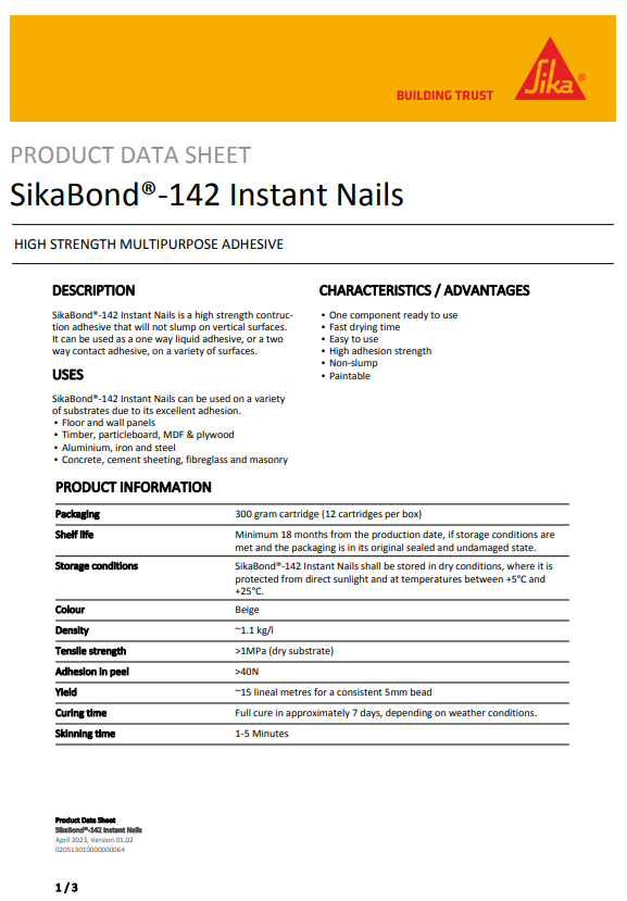 SikaBond 142 Instant Nails Beige 300g Cartridge - Box of 12