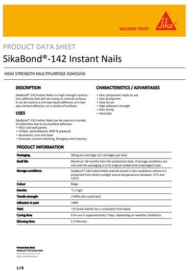 SikaBond 142 Instant Nails Beige 300g Cartridge - Box of 12