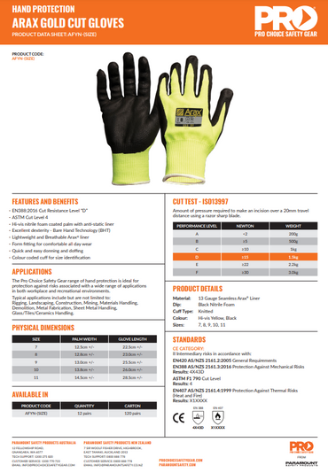Pro Choice Arax Gold, Nitrile Sand Dip On Hi Vis Yellow Liner - 1, 6 or 12 Pairs in 6 Size Options