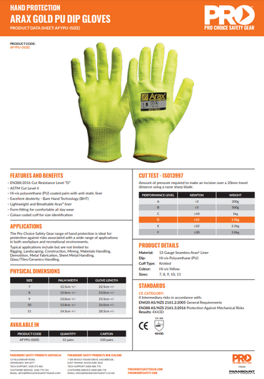 Pro Choice Arax Gold Hi Vis Yellow With Hi Vis Yellow PU Palm - 1, 6 or 12 Pairs in 5 Size Options